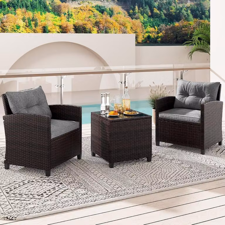 Set di 3 mobili da giardino Costway in rattan sintetico grigio con cuscini inclusi per balcone e terrazzo