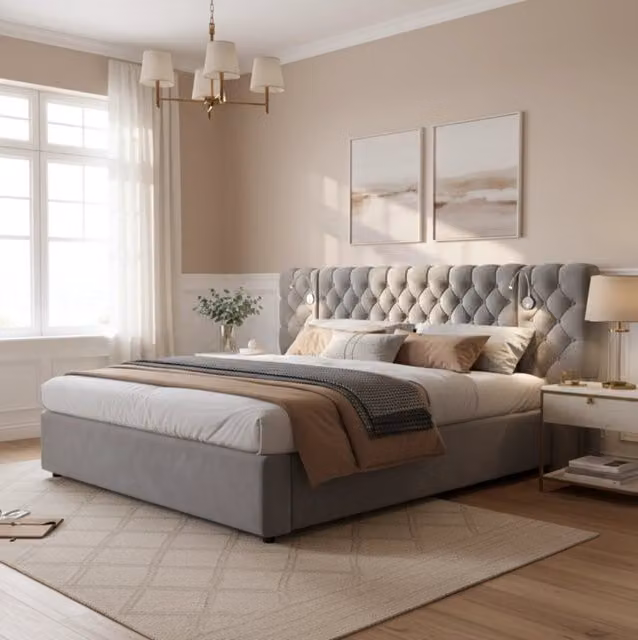 Letto imbottito 180x200 cm con contenitore idraulico; luce da lettura e testiera in velluto grigio