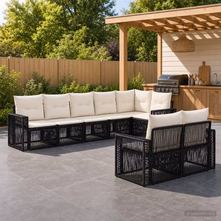 Set Divano da Giardino vidaXL 8 pz a Forma a U in Polyrattan con Cuscini, Nero e Bianco Crema