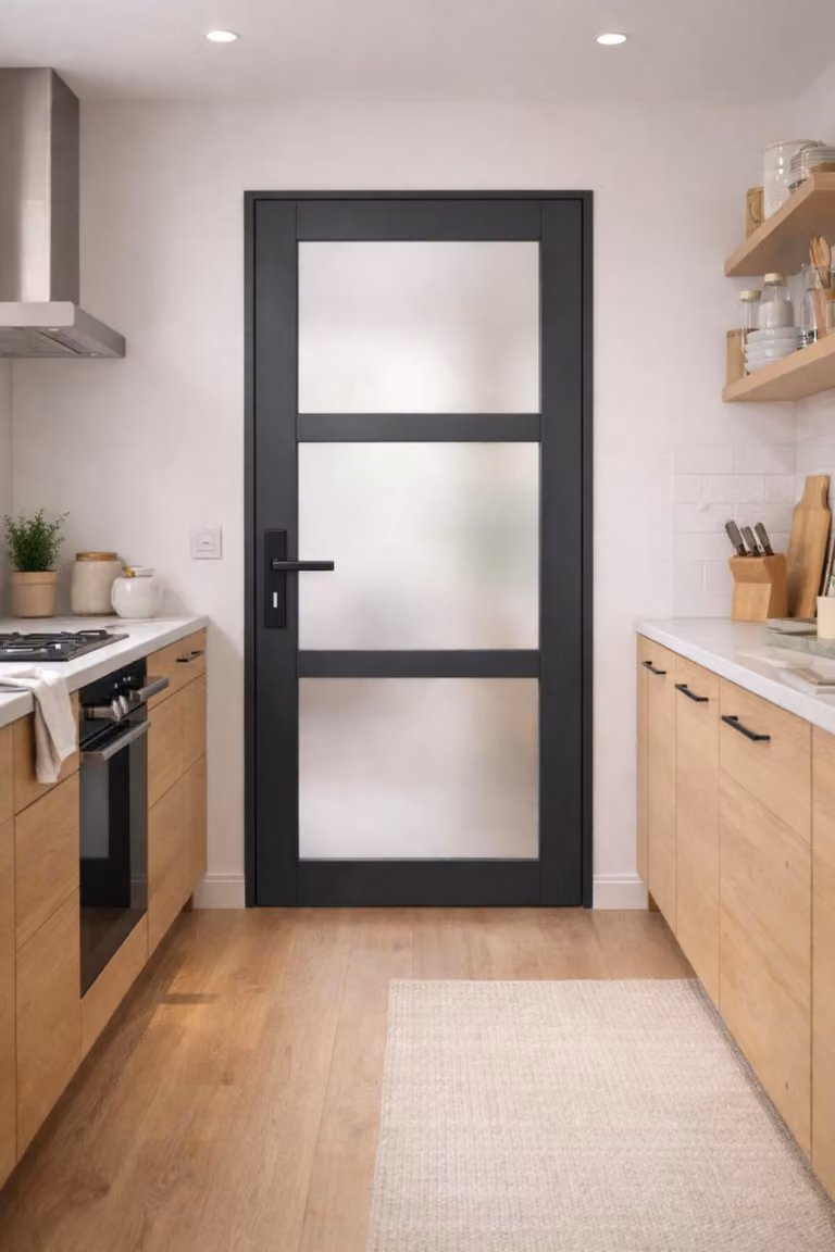 Bloc Porta Blakeria Grigio Antracite Vetrata H204 x L73 cm, lato tavolo P. destro, maniglia Gd Menuserie