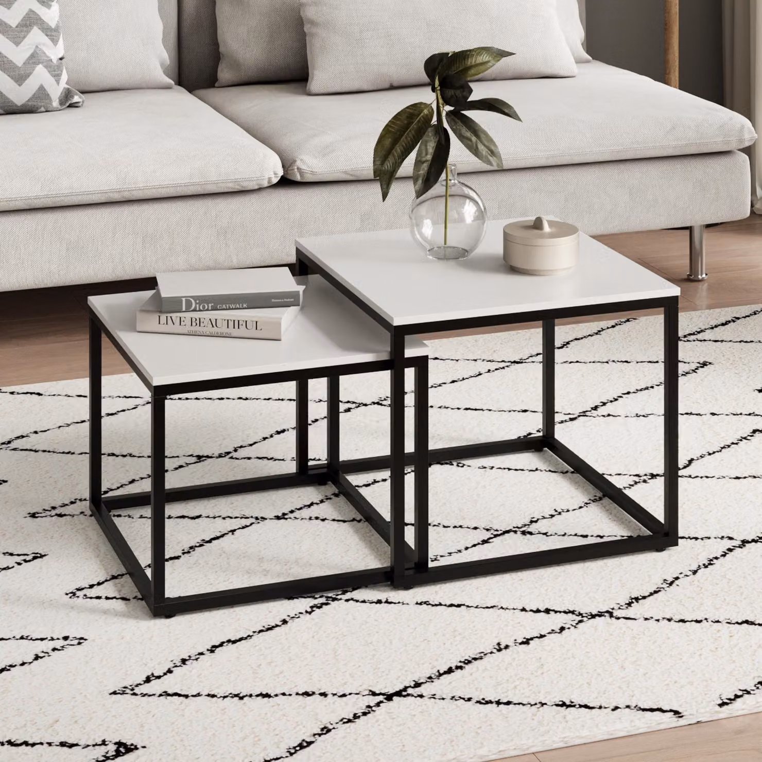 Set di 2 tavolini da salotto in legno, tavolino da salotto moderno, quadrato, bianco, per soggiorno