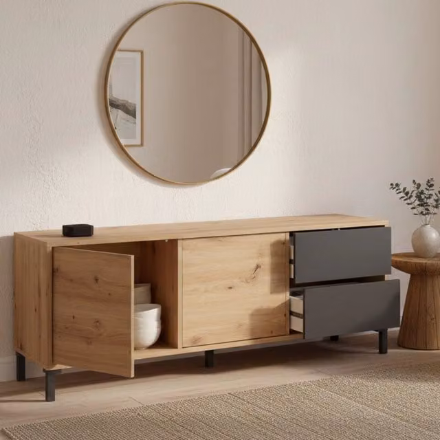 Credenza Anora DMORA, Madia moderna a 2 ante in Rovere e Antracite, L: 130 cm, P: 41 cm, H: 47 cm – 1