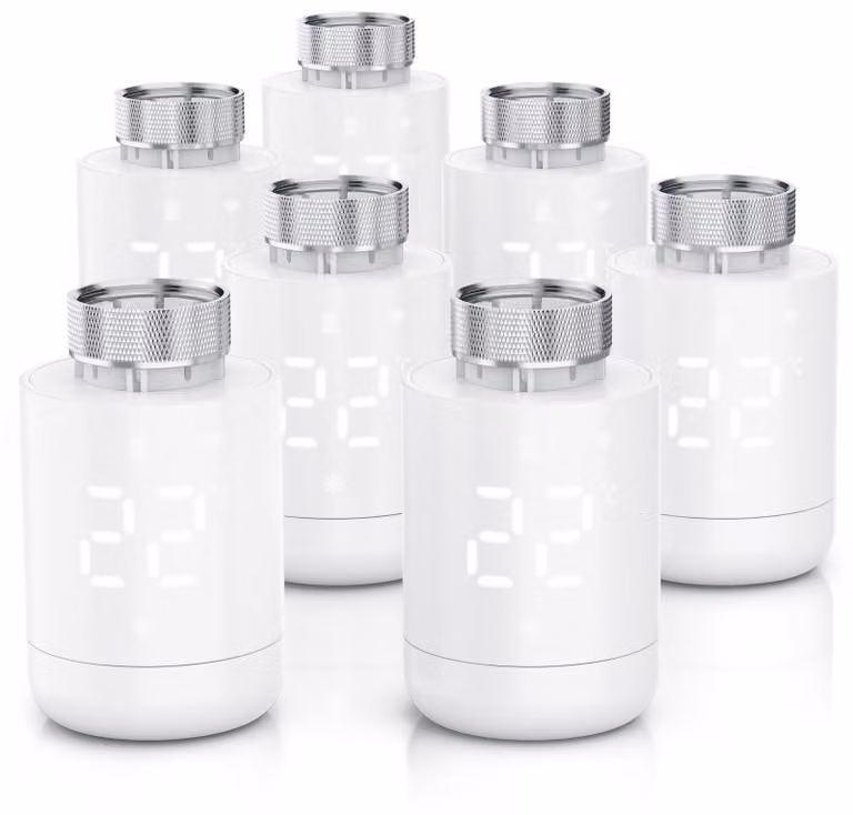 Set di 7 termostati per radiatori WLAN, con controllo tramite app, programmazione settimanale, display LED, manopola rotativa, rilevamento finestra aperta, protezione antigelo, termostato per riscaldamento, 7 pezzi, bianco