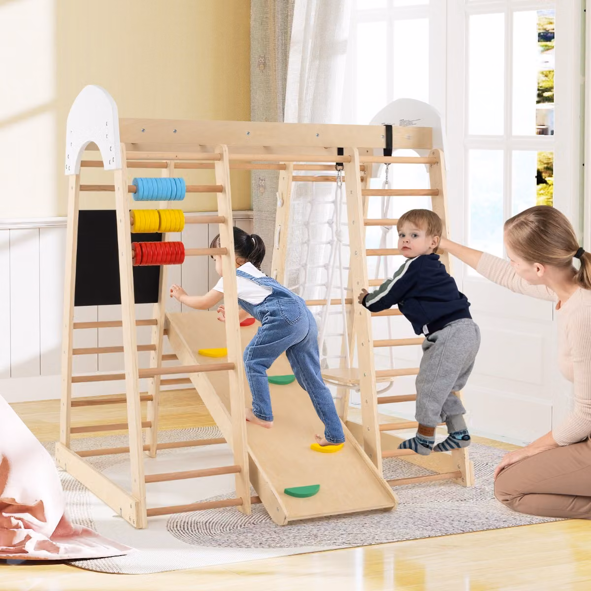 Set arrampicata 8 in 1 Costway in legno per bambini con scivolo, altalena e abaco, colore naturale e multicolore