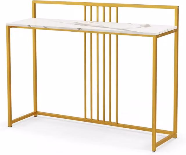 Consolle Design Mania per ingresso e soggiorno con piano effetto marmorino bianco e struttura in metallo dorato, L: 120 cm – 1