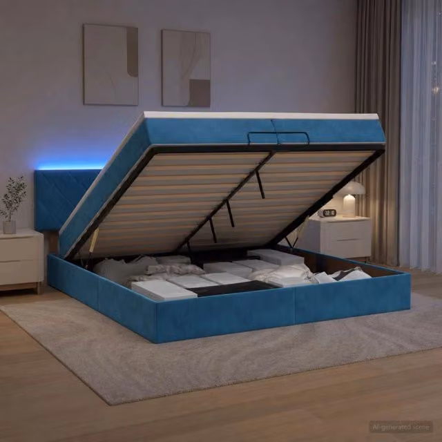 Letto Ottomano vidaXL in Velluto Blu con Materasso Ibrido, Illuminazione LED Sottostante e Porte USB, L/P/H: 200 x 200 x 88 cm – 1