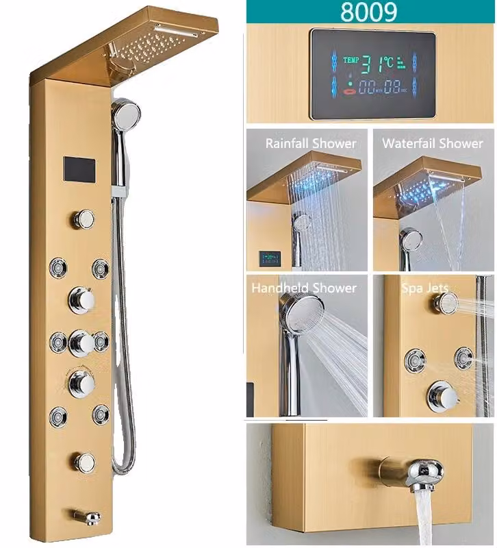 Set rubinetteria per doccia, illuminazione a LED, comando a tre vie, oro 8009