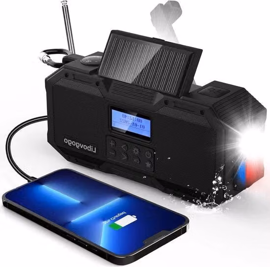 Radio portatile DAB+ FM con speaker Bluetooth impermeabile IPX5, luce stroboscopica e powerbank da 4000 mAh con ricarica solare, colore nero