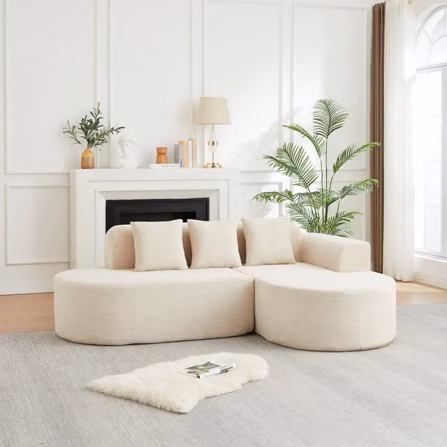Divano a L 220x155x70 cm con chaise longue curva in velluto a coste beige