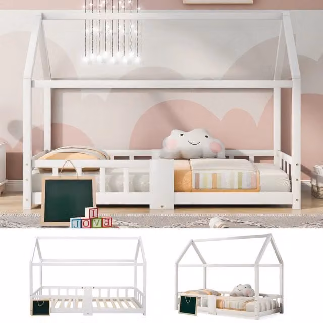 Letto a casetta per bambini 90 x 200 cm, letto in legno per cameretta con lavagna, rete a doghe e sponda di sicurezza, realizzato in legno di pino, bi