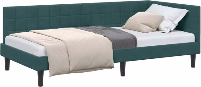 Letto singolo moderno in velluto verde con struttura imbottita L: 90 cm, P: 190 cm, H: 94 cm