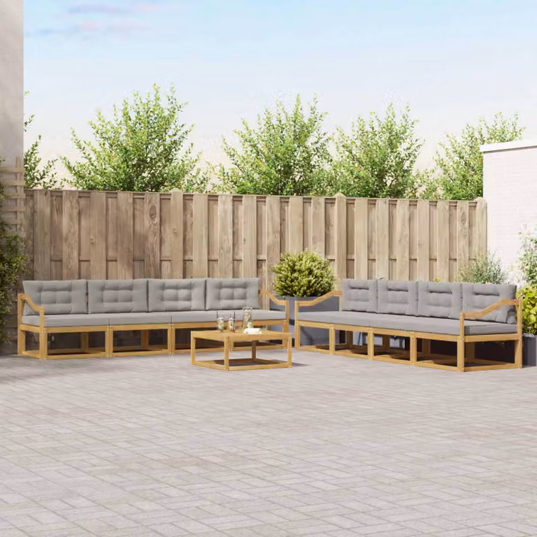 Set di divani da esterno vidaXL a forma di U composto da 9 pezzi con tavolino, in legno di acacia e tessuto bianco, grigio e marrone
