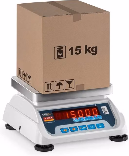 Ponderosimetro calibrato TEM con display LED bianco, range 6 kg / 2 g - 15 kg / 5 g, L/P: 22 x 17 cm