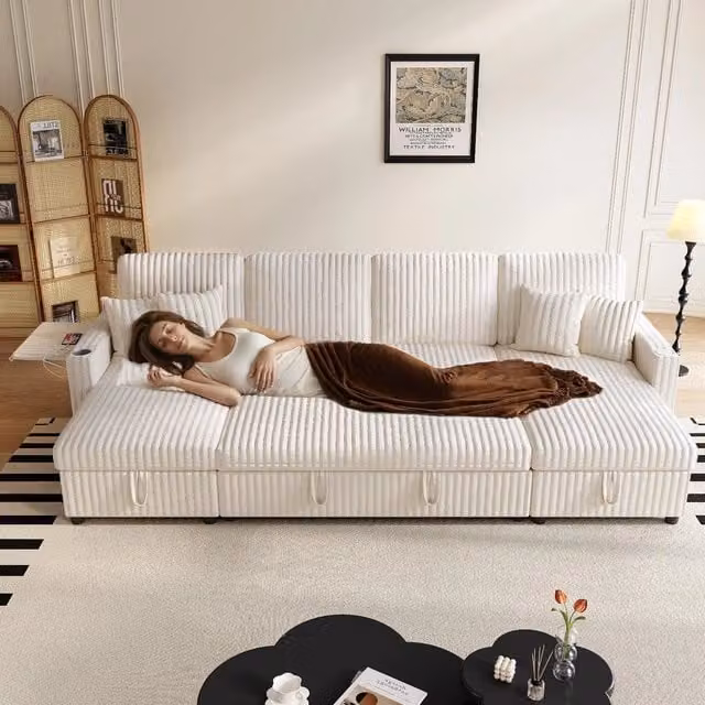 Divano letto ¨C Minimal ¨C Beige in tessuto con doppio spazio contenitore