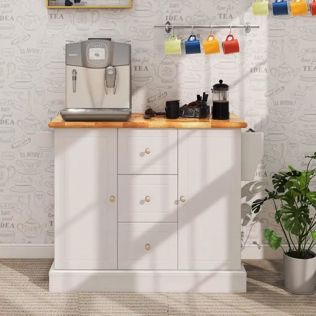 Carrello da Cucina Isola in Legno Bianco con 3 Cassetti, 2 Armadietti e Rotelle, L/P/H: 127 x 46 x 91,5 cm – 2