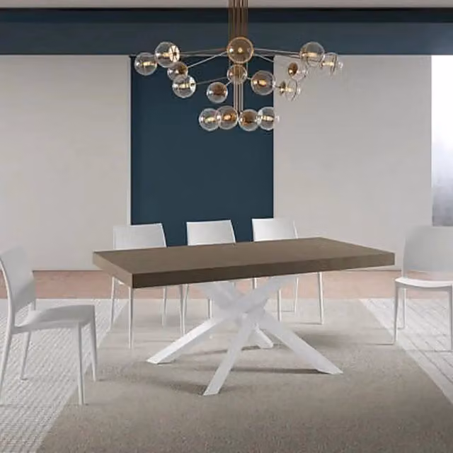 Tavolo allungabile moderno Itamoby Volantis con piano rettangolare e gambe a X, colore tortora e bianco, L: 180-440 cm, P: 90 cm