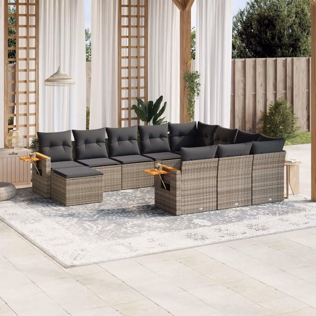 vidaXL Set Divani da Giardino 11 pz in Polyrattan Grigio con Cuscini e Tavolino da Esterno – 1