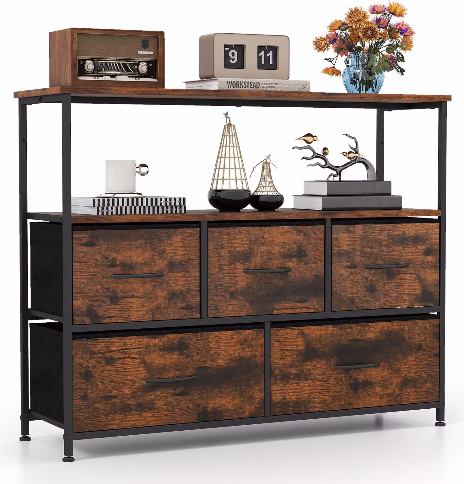 Cassettiera COSTWAY con 5 cassetti in tessuto e ripiani, cassettiera con piano in legno e struttura in metallo, mobile contenitore, 100 × 30 × 80 cm, marrone