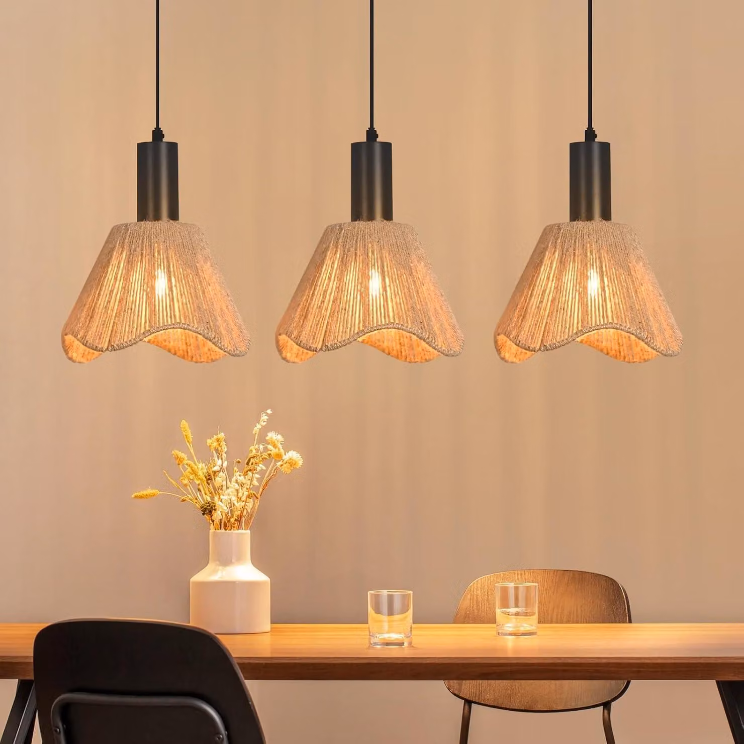 ZMH Lampada a sospensione in rattan a 3 fiamme lampada da tavolo vintage intrecciata lampada a sospensione paralume lampada a sospensione per sala da pranzo camera da letto/senza lampadina