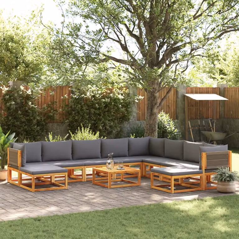 Set di divani da giardino vidaXL 11 pezzi in legno di acacia oliato con cuscini grigi e marroni per esterno