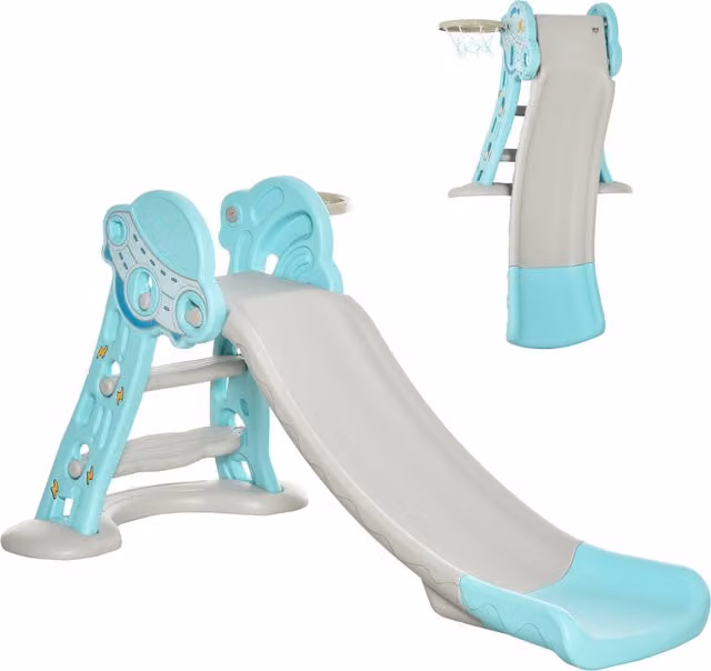 Scivolo pieghevole HOMCOM per bambini dai 18 mesi con 3 scalini e canestro da basket, Blu e Grigio, L/P/H: 140 x 87 x 75 cm