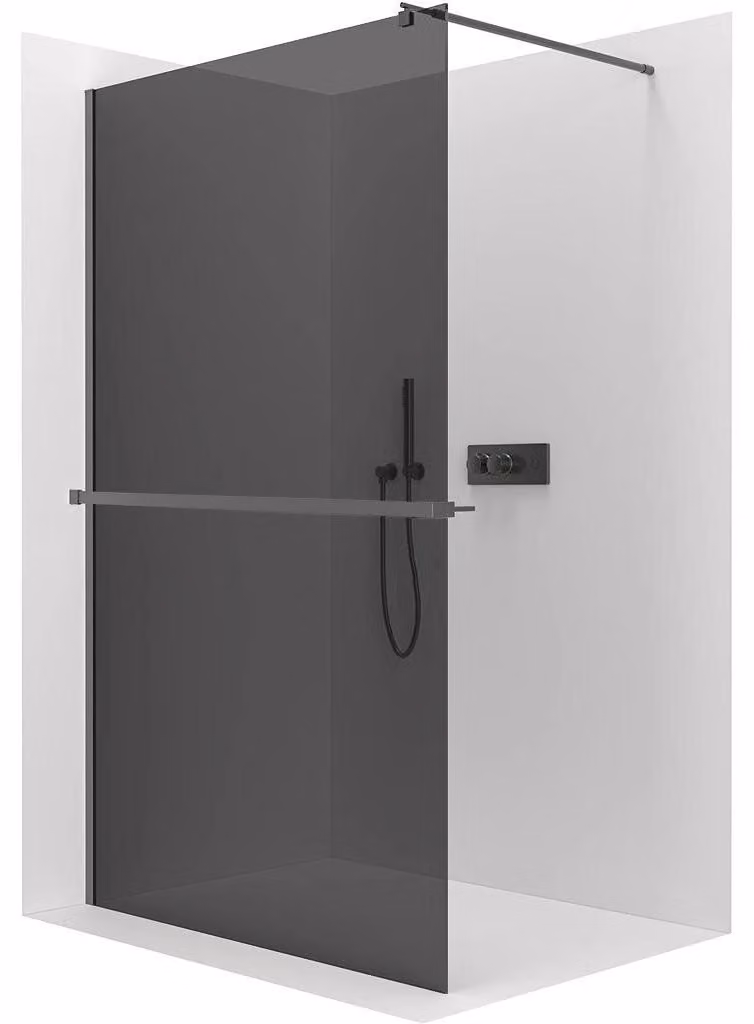 CERANO - Box doccia Walk-in Onyx Round L/P - 10 mm + mensola/portasciugamani - montante rotondo - nero opaco, vetro grafite - 90x200 cm
