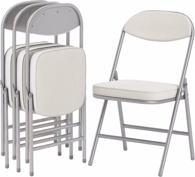 Set di 4 sedie pieghevoli imbottite Xylo con rivestimento in velluto color crema e struttura in metallo, impilabili