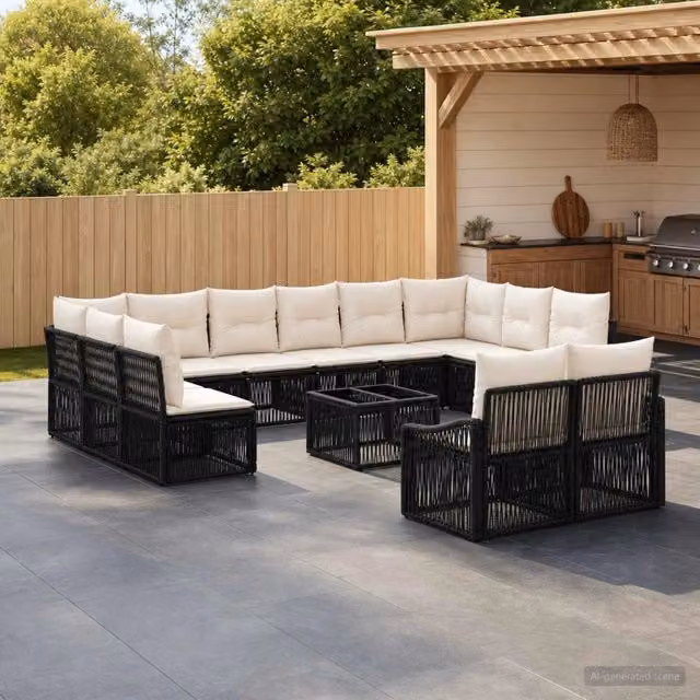 Set Divano da Giardino vidaXL a Forma a U in Polyrattan Nero con Cuscini e Tavolino da Esterno