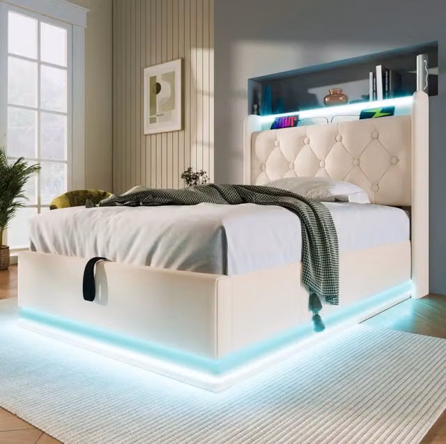 Letto imbottito 90x200 cm LED 360°; USB Tipo-C; PU bianco (Senza materasso)