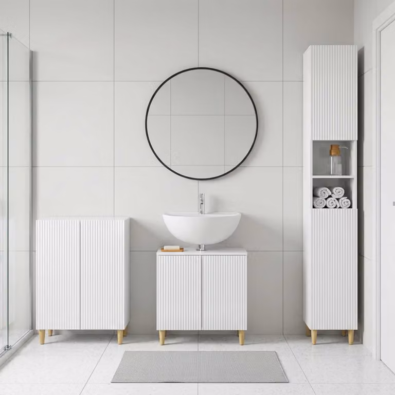 Set di mobili da bagno vidaXL ARNHEM in 3 pezzi, bianco lucido, con mobile lavabo e pensili