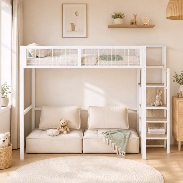 Letto a soppalco per bambini 140x200 cm con struttura in metallo, scala di sicurezza, armadio e ripiano portaoggetti, bianco