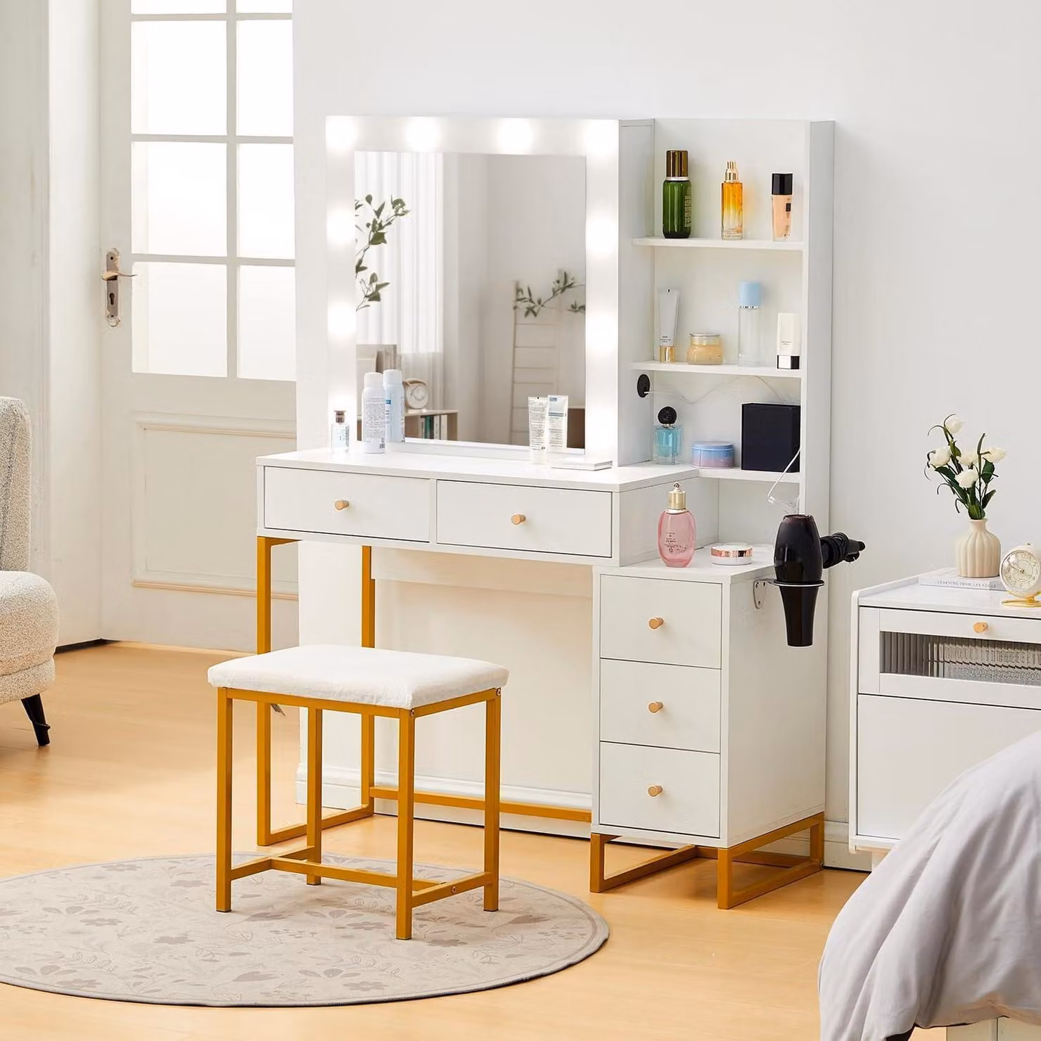 Comò da trucco con illuminazione a LED e specchio, bianco, 80x40x135 cm