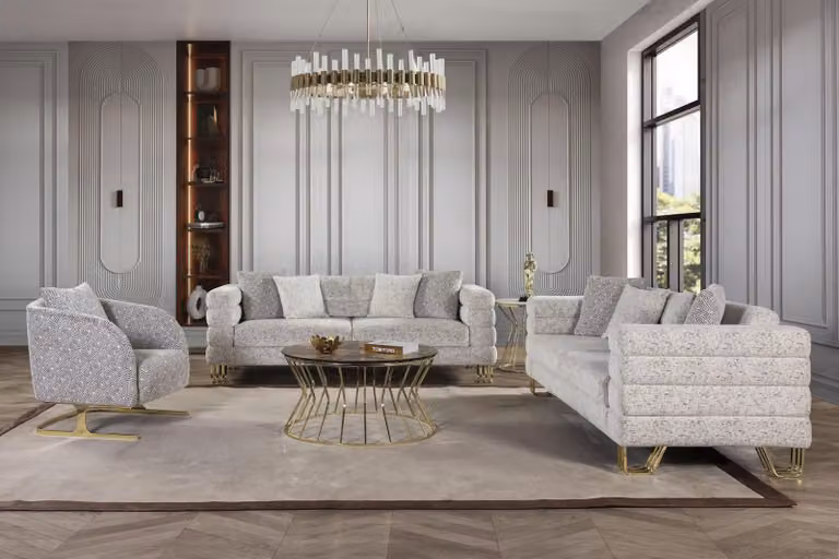Luxus Sitzgarnitur Polstergarnitur Design Sitzpolster Lounge Sofa Beige 3+3+1