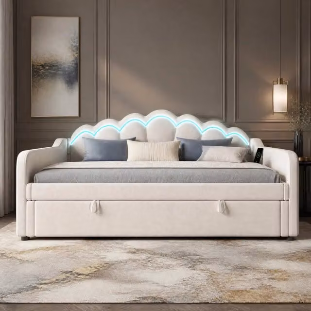 Divano letto idraulico con contenitore; 90x200 cm; velluto beige; LED con telecomando