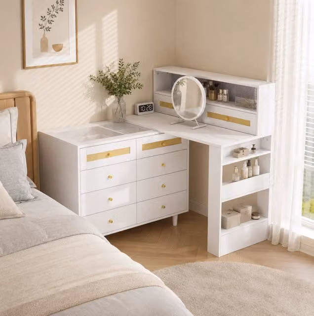 Tavolo trucco bianco con 10 cassetti, specchio, decorazioni in rattan e piano in vetro temperato 105x50x108 cm