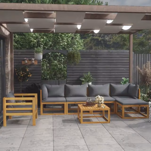 Set da giardino vidaXL composto da 7 pezzi in legno di acacia con cuscini grigi e tavolino coordinato – 1
