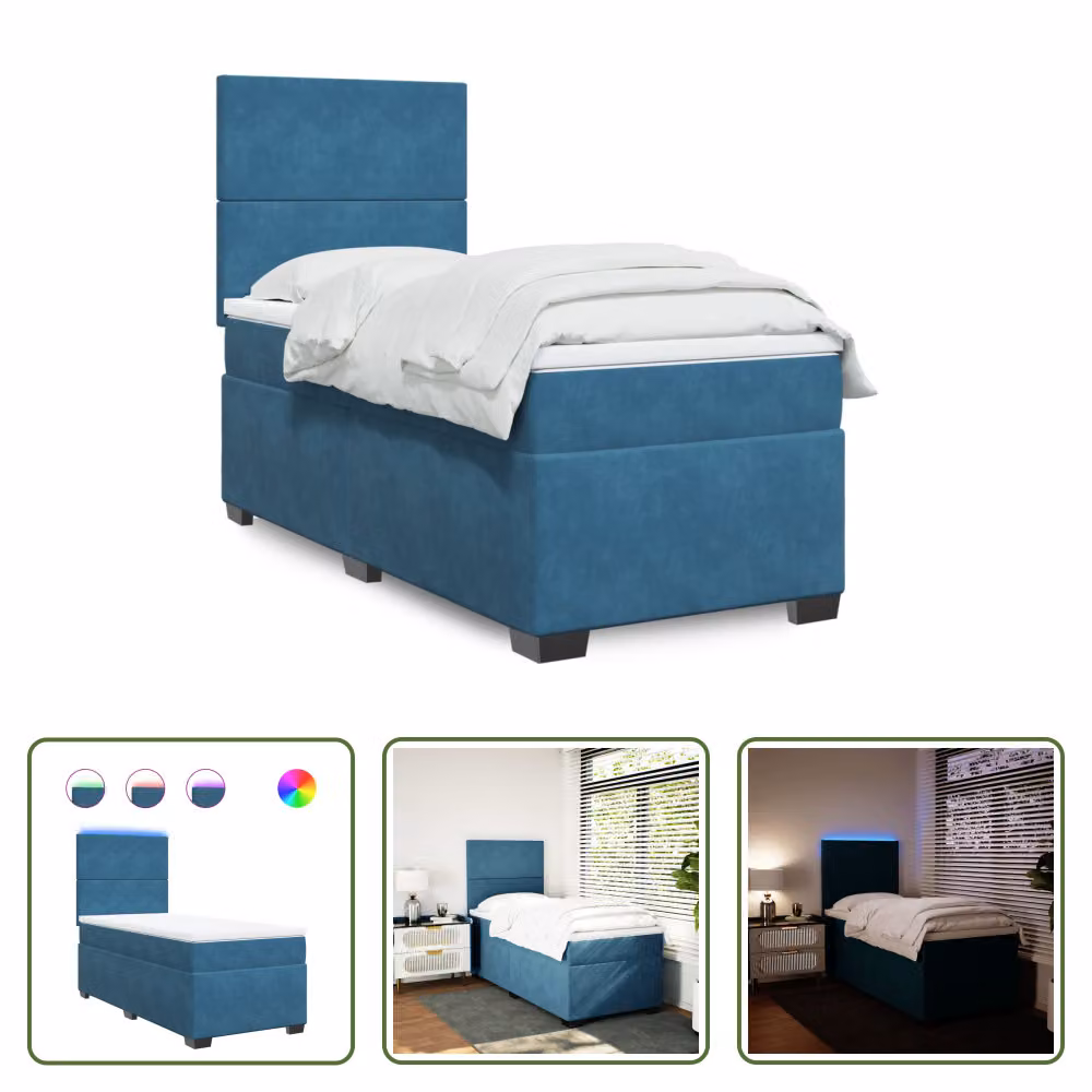 The Living Store Letto a molle con materasso blu 100x200 cm in velluto