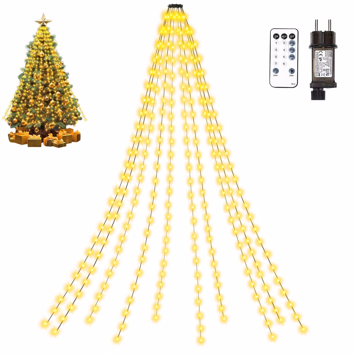 Catena luminosa per albero di Natale, lunghezza 1,5 metri, 10 fili, 250 LED, luce bianco caldo