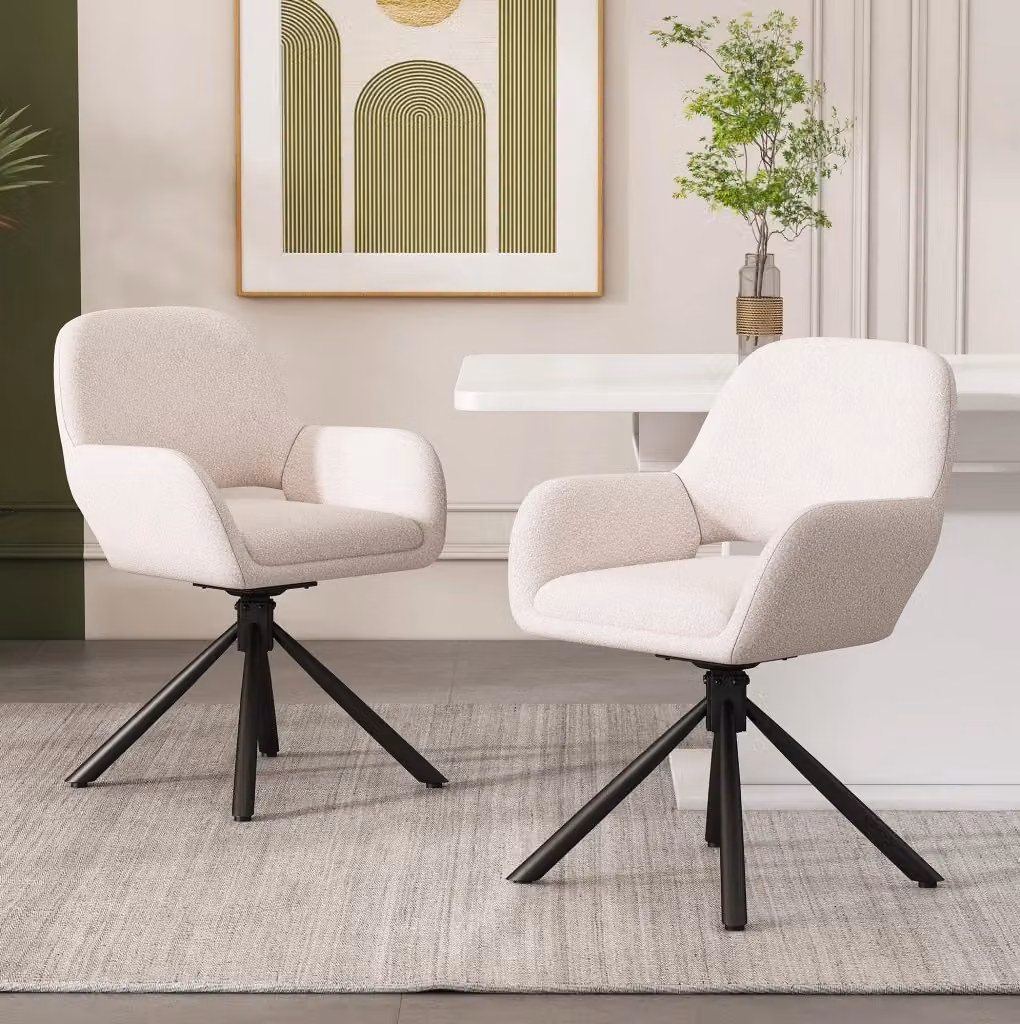 Set di 2 sedie girevoli moderne con braccioli in tessuto sherpa bianco e struttura in metallo per ufficio o casa – 2