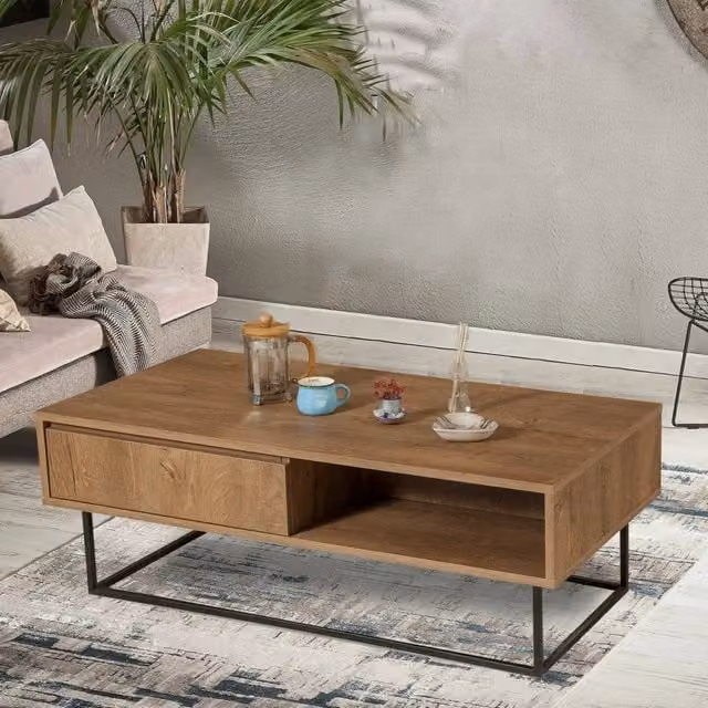 Tavolino da salotto DMORA moderno rettangolare in MDF e metallo, Colore Marrone e Nero, L: 120 cm, P: 60 cm, H: 43 cm