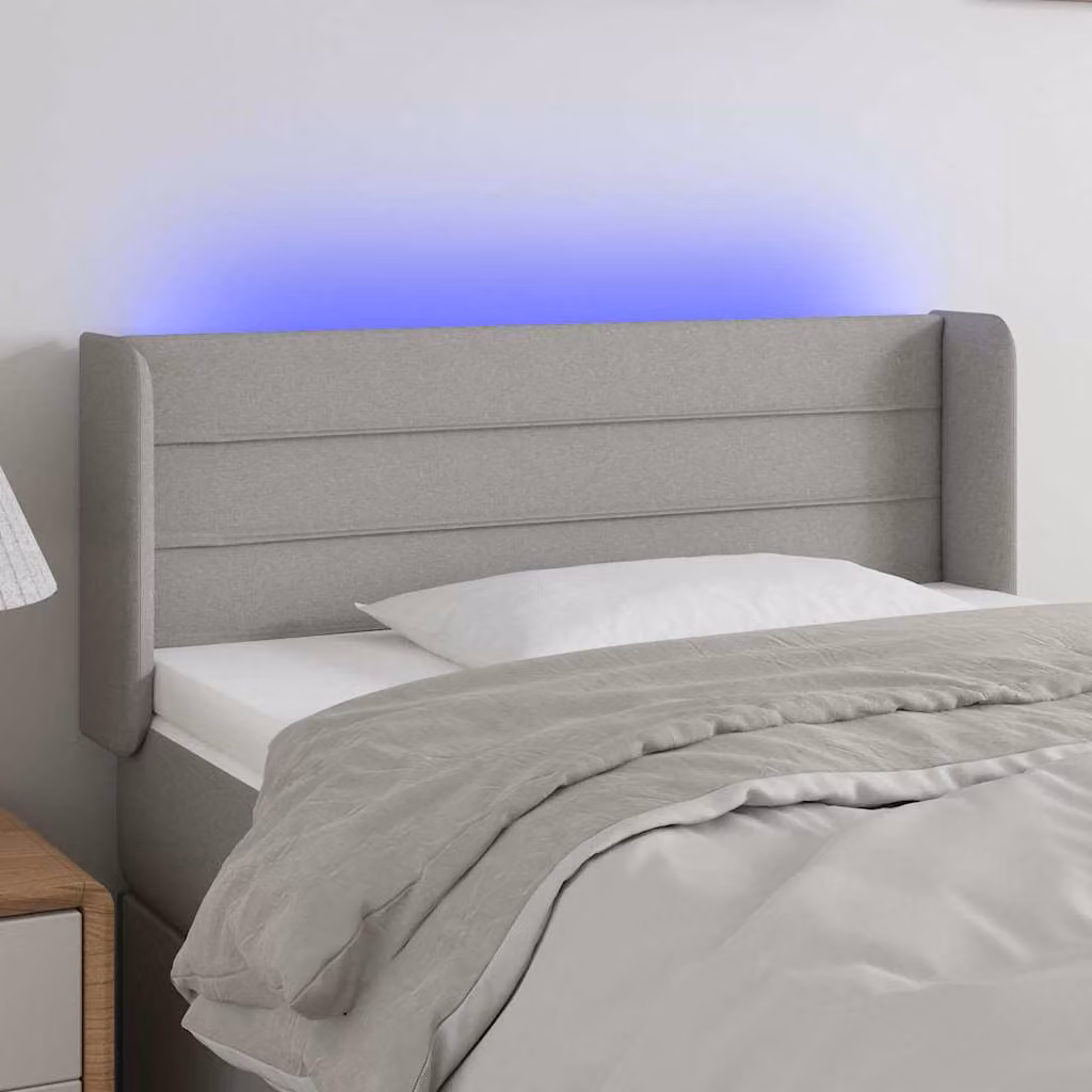 Testiera per letto vidaXL in tessuto grigio chiaro con illuminazione LED e porta di ricarica USB, L: 103 cm, P: 16 cm, H: 78-88 cm