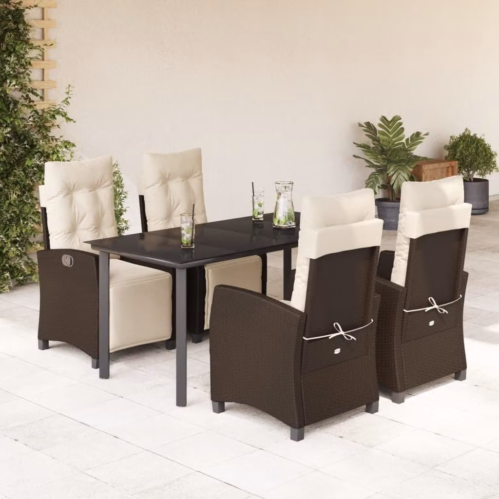 Set da pranzo da giardino vidaXL in polyrattan marrone con tavolo in vetro e 5 pezzi con cuscini – 1