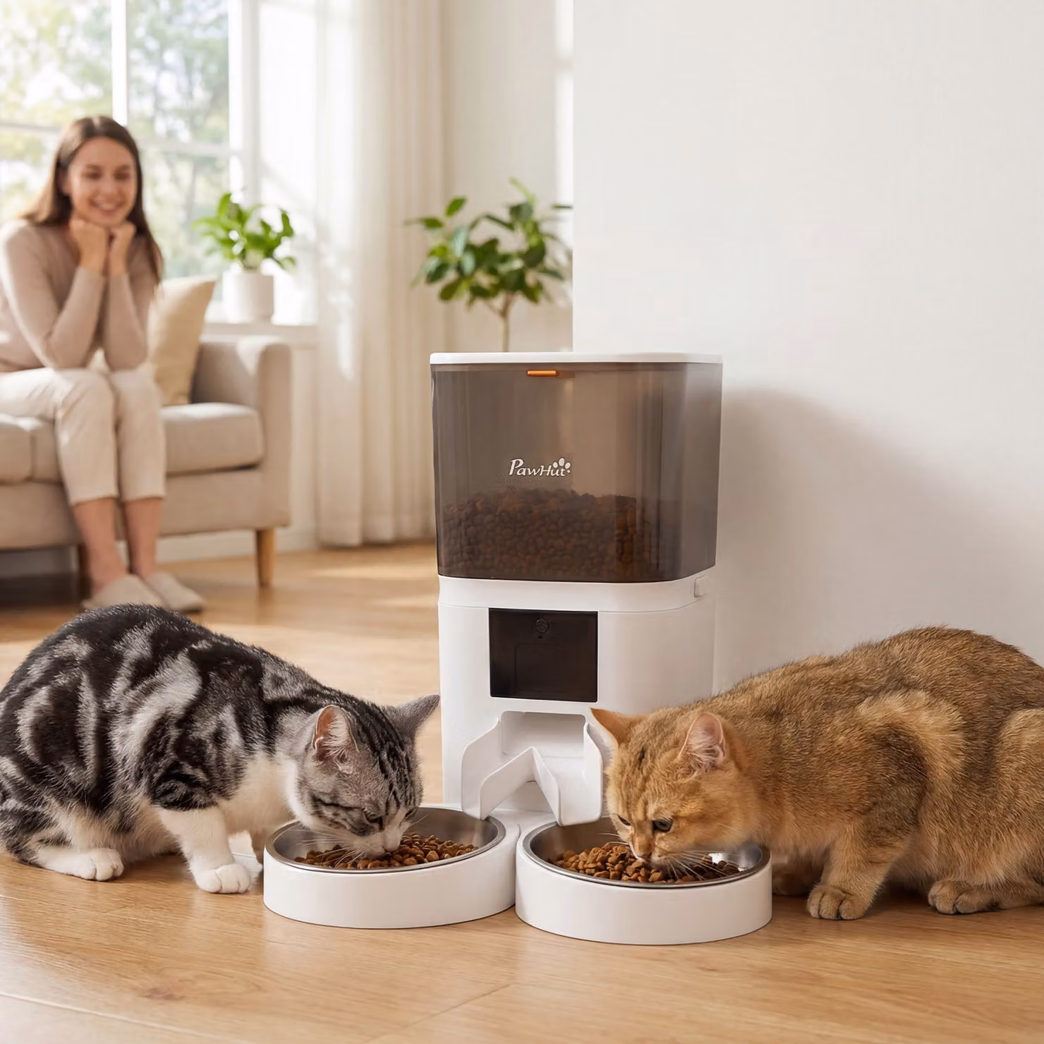 Distributore Automatico di Cibo per Gatti PawHut Bianco con Controllo WiFi 2.4G tramite App, Timer per 1-10 Pasti al Giorno, Registratore di 10s e 2 Ciotole in Acciaio Inox, Capacità 6L – 2