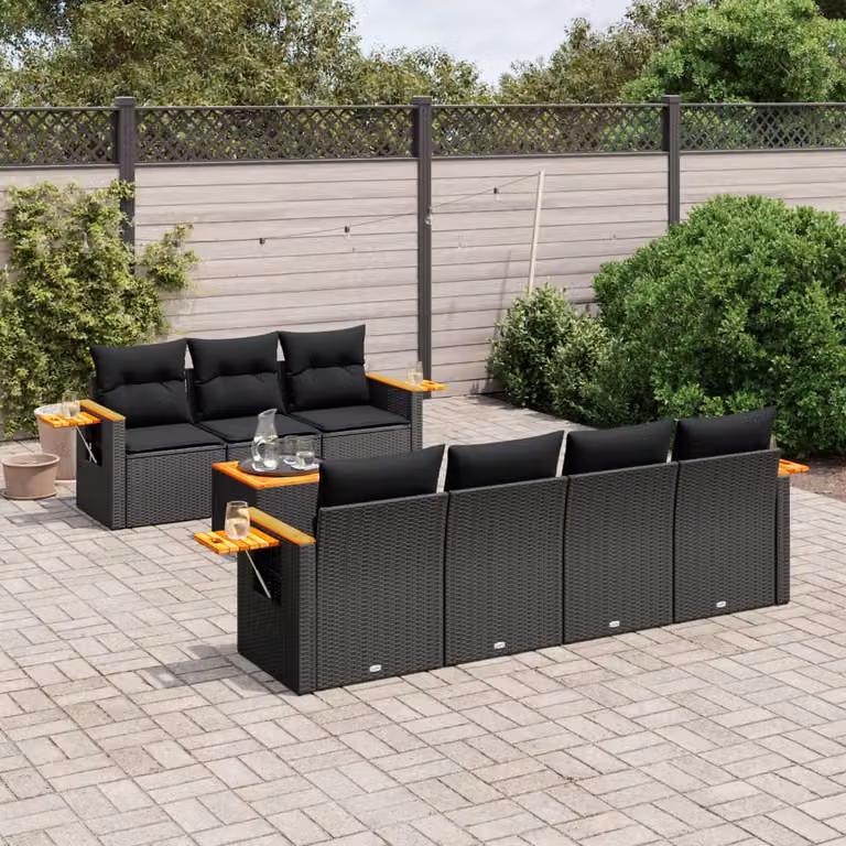 Set di divani da giardino vidaXL in polyrattan nero con cuscini, divano a 3 posti, poltrone e tavolino da caffè