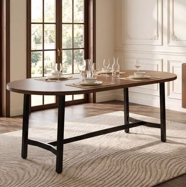 Tavolo da pranzo moderno MODFU con angoli arrotondati e forma ovale, in MDF e metallo, colore marrone, L: 180 cm, P: 80 cm, H: 80 cm – 1