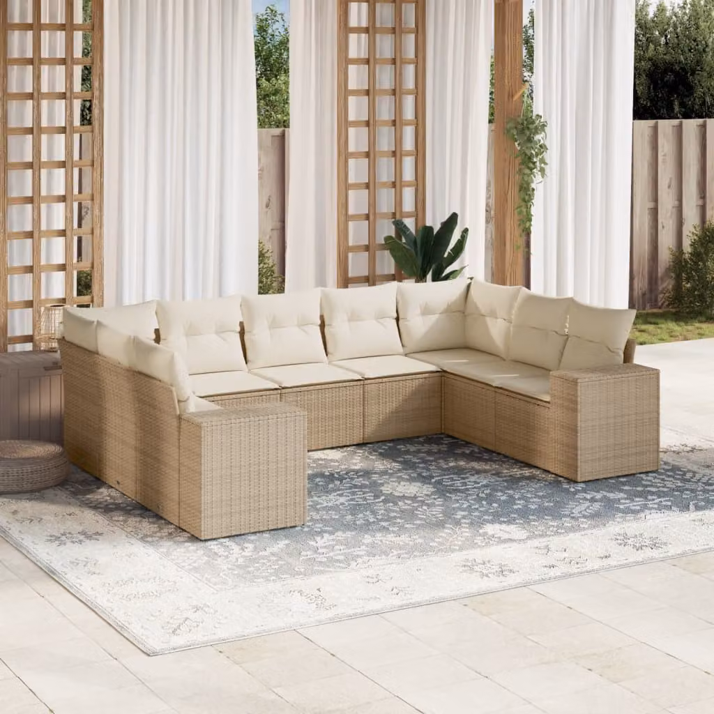 vidaXL Set Divano da Giardino a L in Polyrattan con Cuscini Beige e Struttura in Acciaio, 9 Pezzi – 1