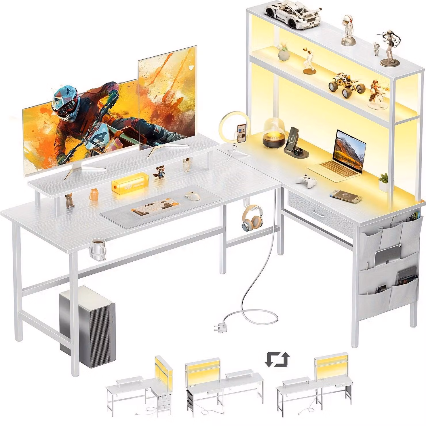 Scrivania a forma di L per gaming - Tavolo da gioco - Scrivania ad angolo - Scrivania per PC - Scrivania per l'area di lavoro - Striscia LED