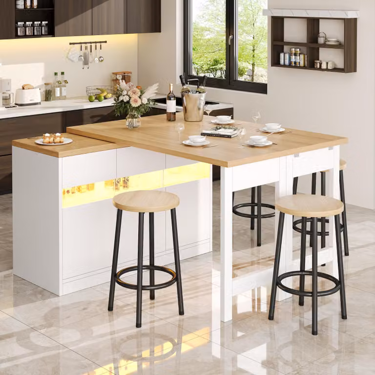 Tavolo da bar allungabile con LED, tavolo da pranzo girevole con armadio, tavolo da cucina/sala da pranzo girevole a 360°, 120-180x40x71,5 cm, bianco