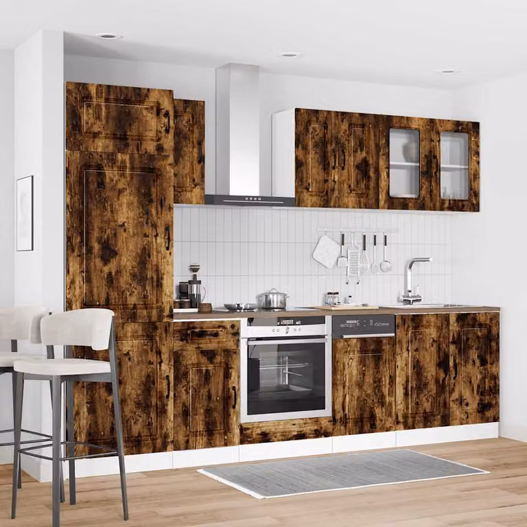 Set Mobili da Cucina vidaXL Kalmar 8 Pezzi in Rovere Fumo e Legno Multistrato con Ante in Vetro, Marrone, L/P/H: 207 x 60 x 57 cm
