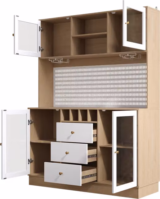 Mobile alto da cucina 140 x 40 x 185;7 cm con illuminazione LED intelligente; portabottiglie e ante in vetro; bianco